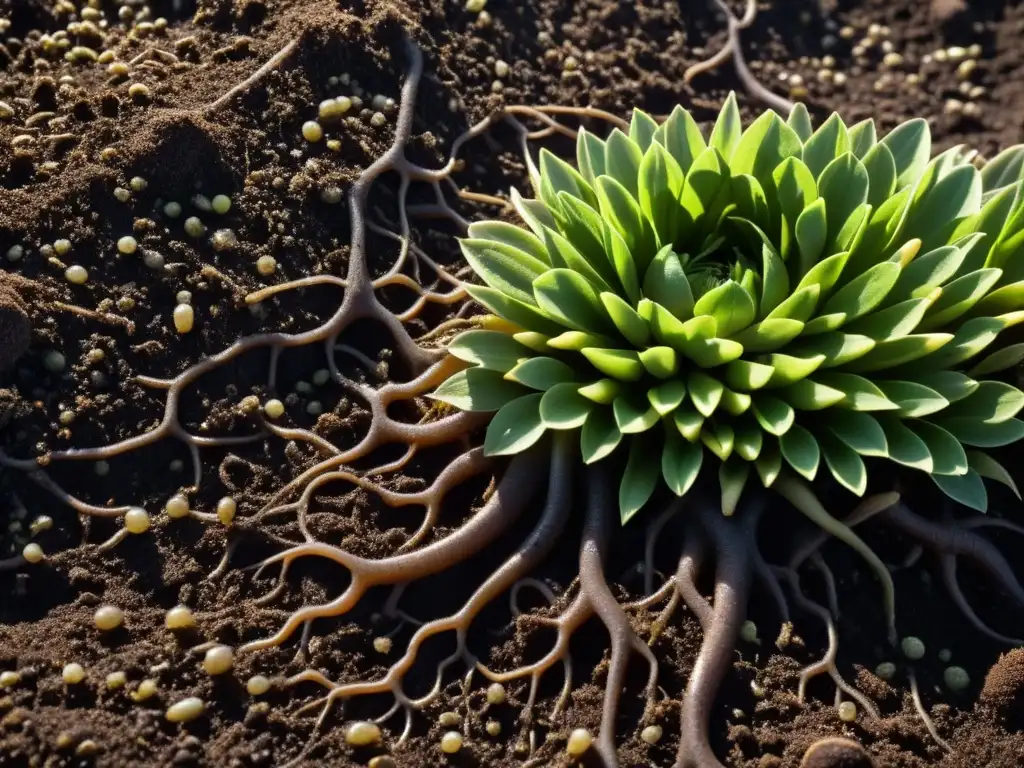 Tierra oscura y fértil llena de vida, destacando la red de túneles de lombrices, raíces y materia orgánica en descomposición