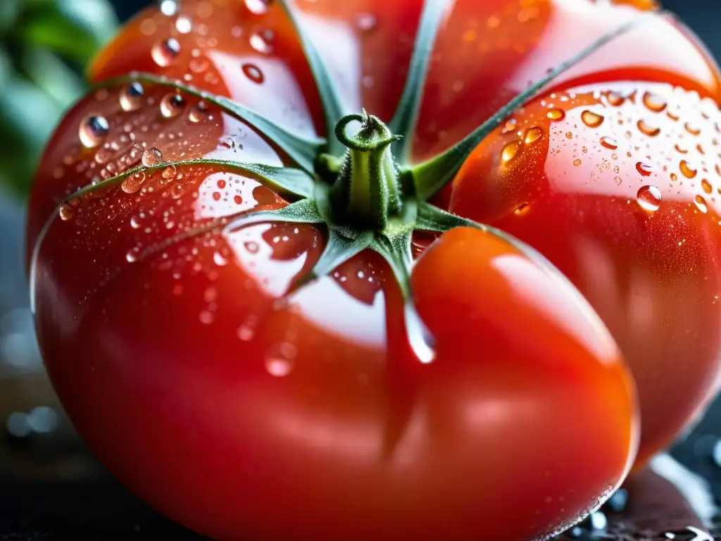 Tomate orgánico brillante con gotas de agua, detallado y vibrante