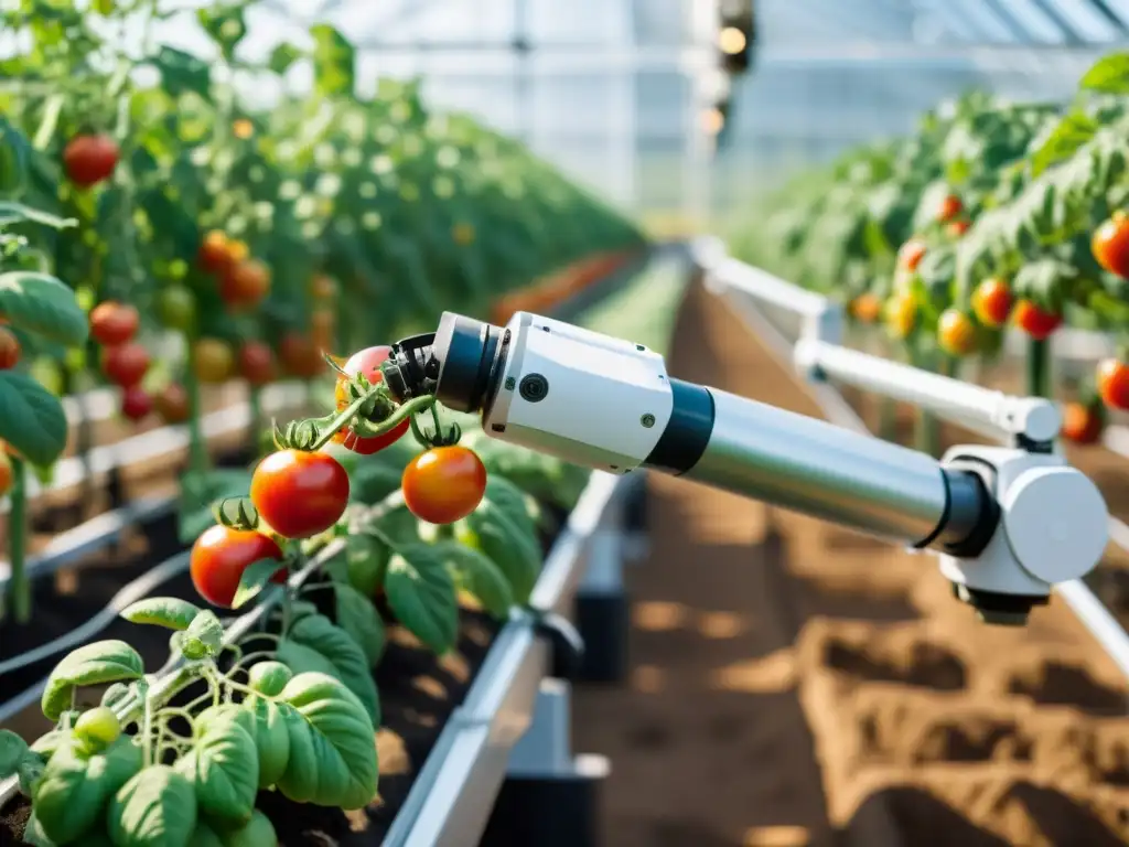 Un robot agrícola recolecta tomates maduros en un invernadero