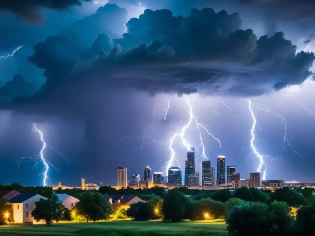 Tormenta eléctrica sobre la ciudad, contrastando luces urbanas con el cielo ominoso