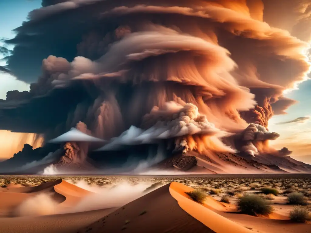 Tormentas de polvo y cambio climático: Imponente tormenta de polvo sobre un paisaje desértico, con nubes de polvo y luz anaranjada