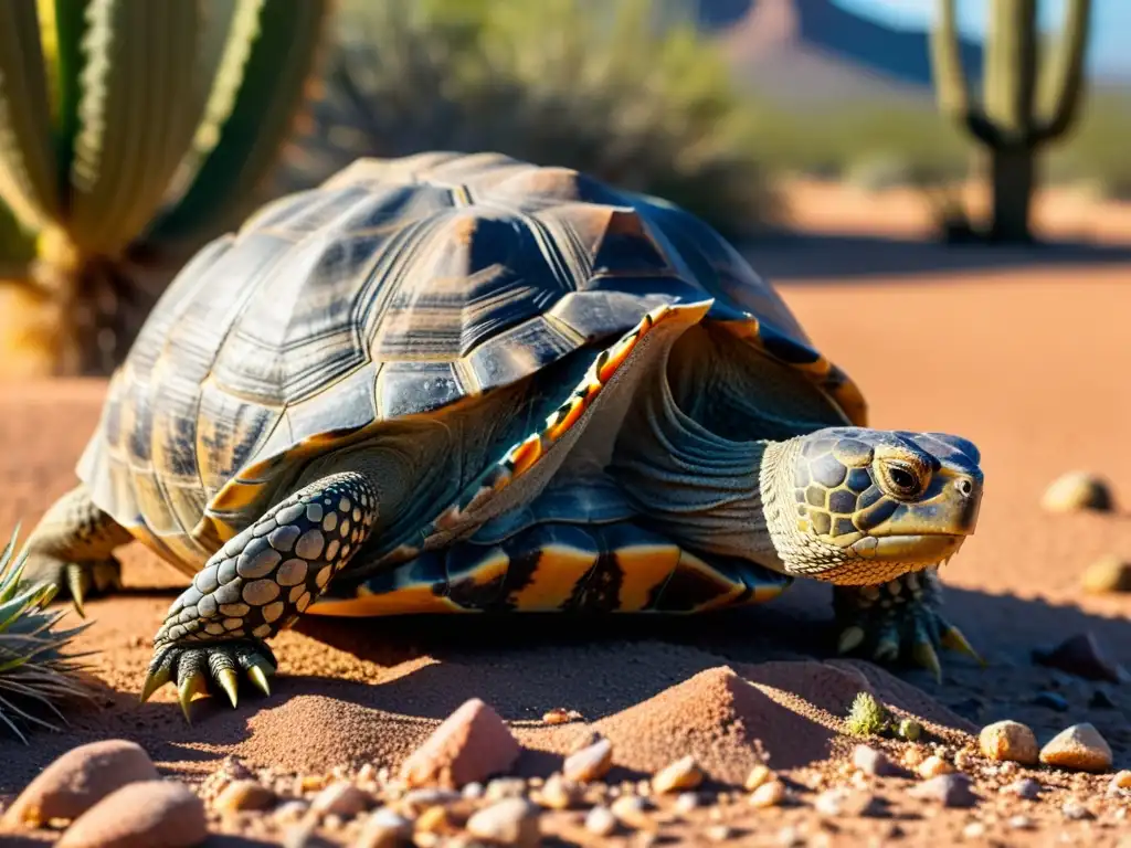 Una tortuga del desierto busca sombra bajo un cactus gigante