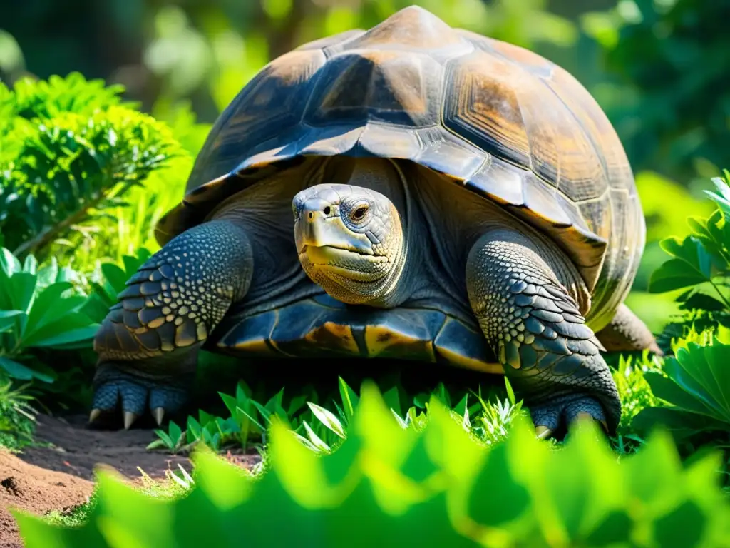 Una tortuga gigante de Galápagos se desplaza entre exuberante vegetación, con patrones en su caparazón y una expresión sabia