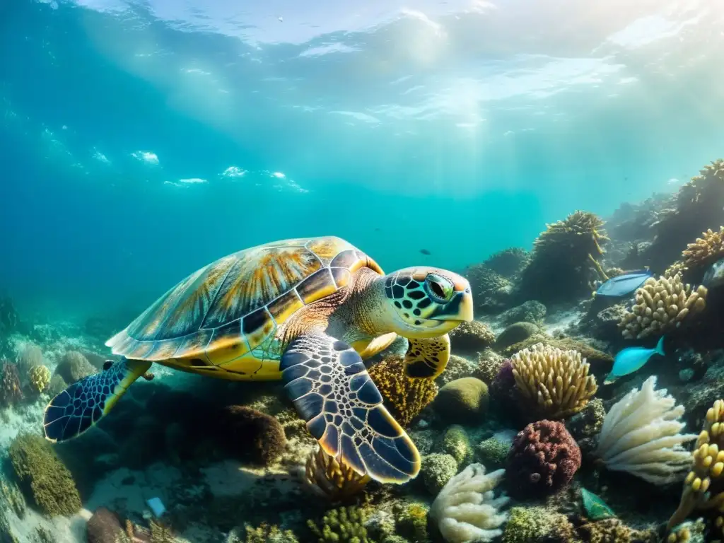 Una tortuga marina luchando contra desechos plásticos, reflejando el impacto del plástico en la vida marina