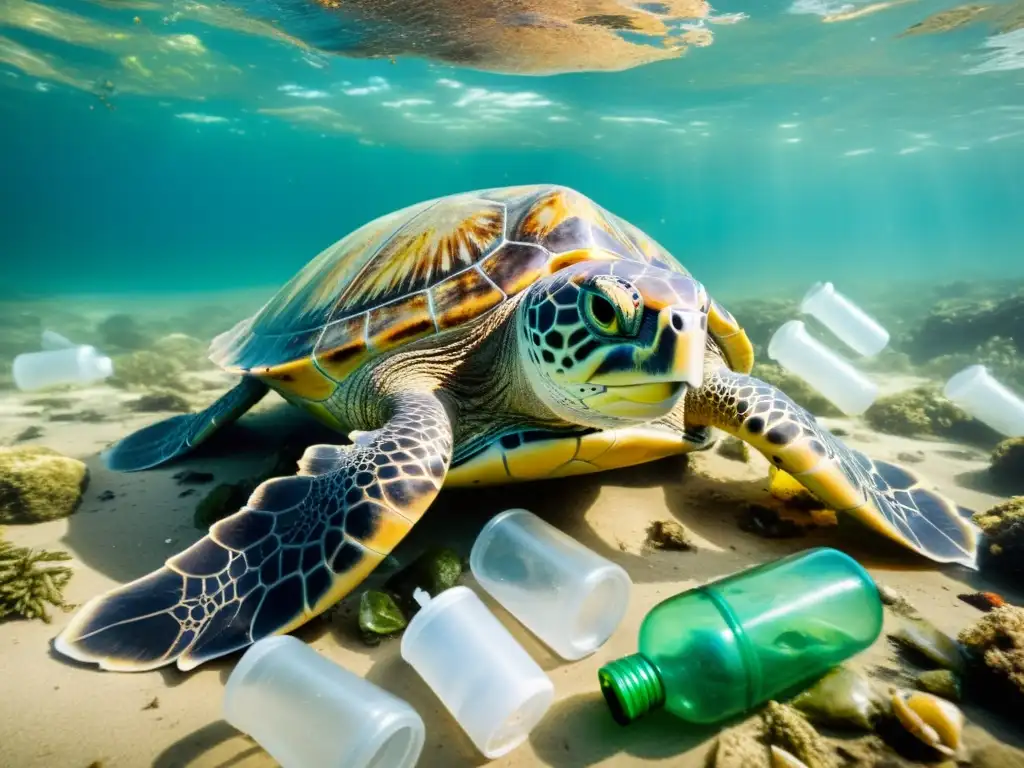 Tortuga marina atrapada en plástico lucha por sobrevivir Una tortuga marina luchando entre plásticos en un océano contaminado por influencia humana