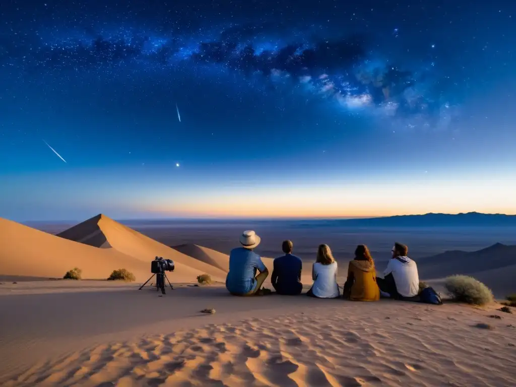 Excursión de tours estelares ecosistemas desérticos: Astrónomo guía a turistas en un atardecer mágico, señalando constelaciones en el cielo índigo