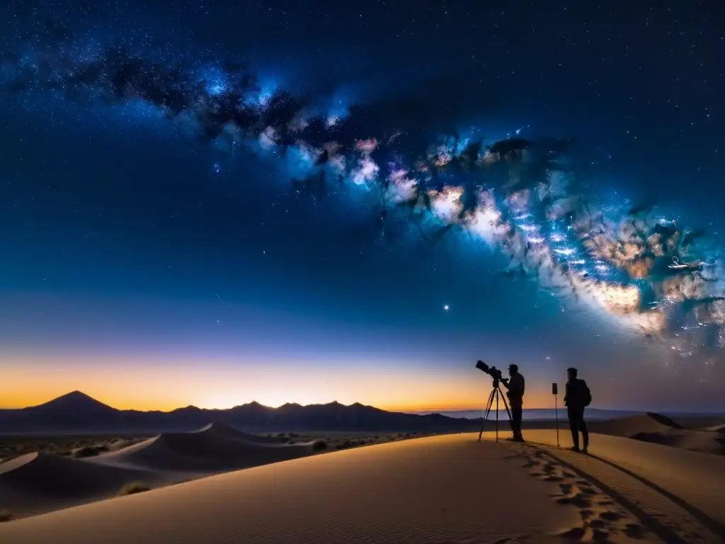 Tours nocturnos en desiertos para amantes de la astronomía: Noche estrellada sobre el desierto, observando la Vía Láctea con un telescopio en grupo