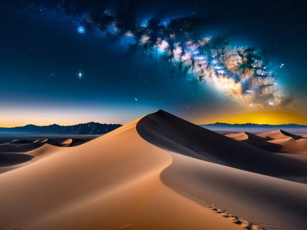 Tours nocturnos en desiertos para amantes de la astronomía: Majestuoso paisaje desértico bajo un cielo estrellado con la Vía Láctea