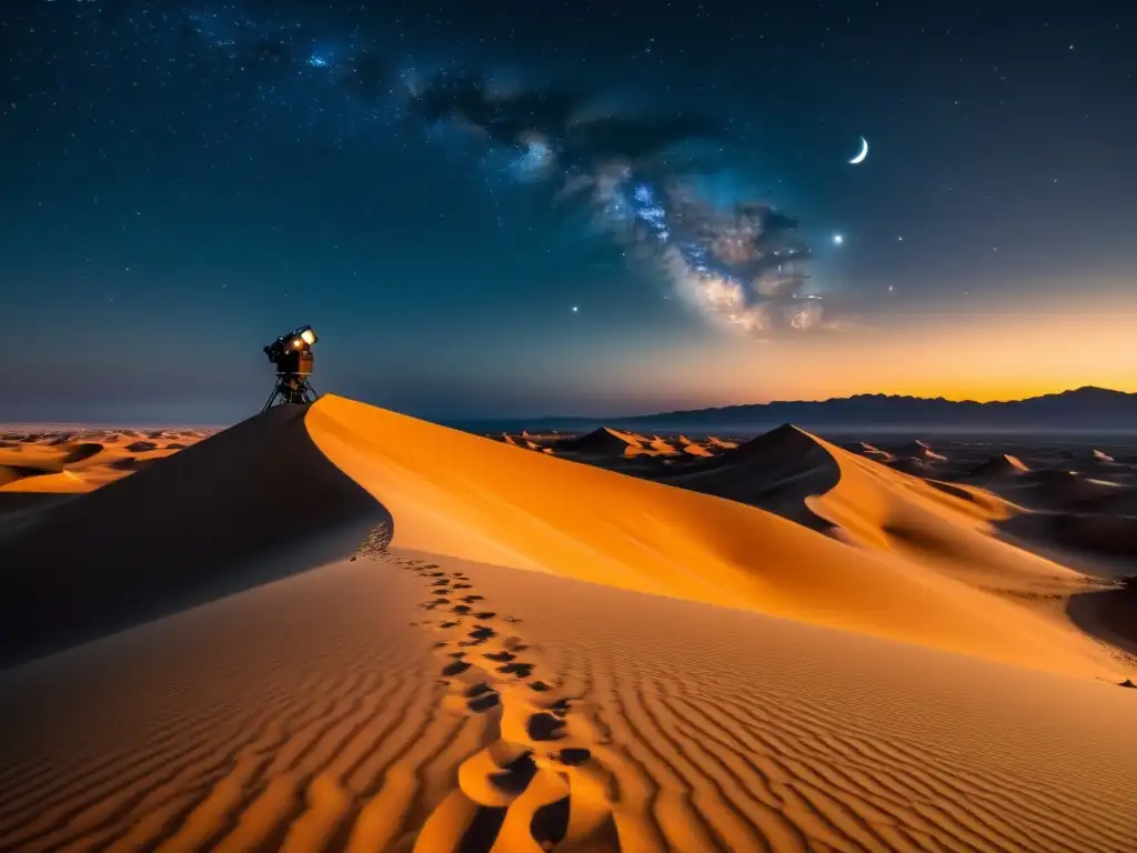 Tours nocturnos en desiertos para amantes de la astronomía: Grupo de personas observando estrellas en un desierto iluminado por la luna