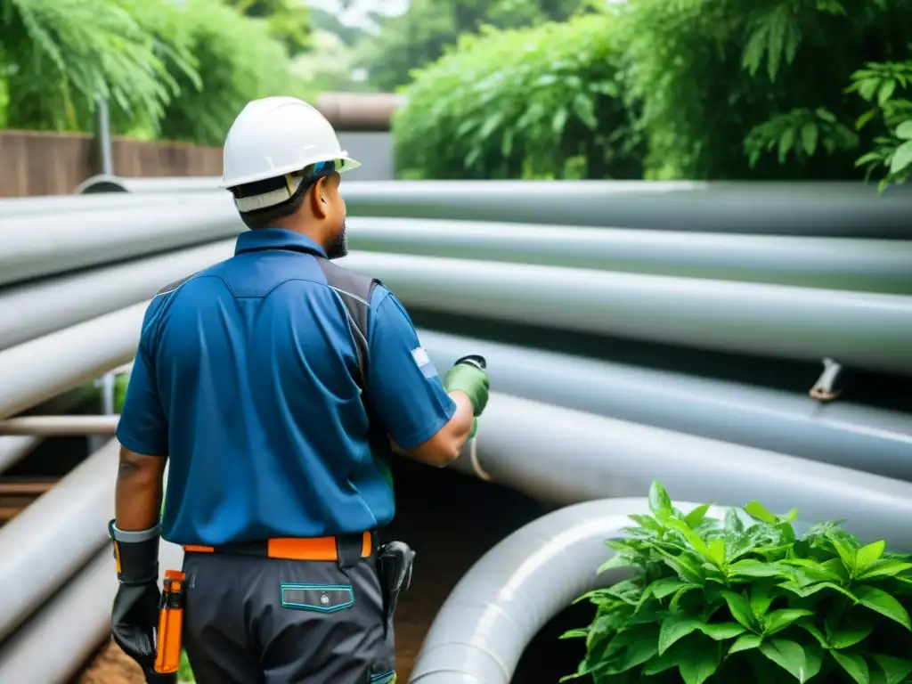Inspección detallada de sistemas de recolección de agua de lluvia Un trabajador inspecciona detalladamente un complejo sistema de recolección de aguas pluviales, integrado con la exuberante vegetación
