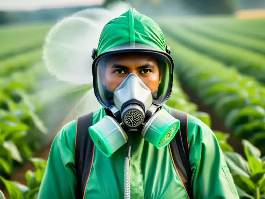 Un trabajador agrícola con equipo de protección rocía pesticidas sobre los cultivos