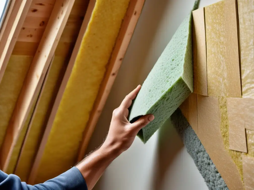 Un trabajador instala material de aislamiento ecológico en una pared, mostrando su textura y componentes naturales