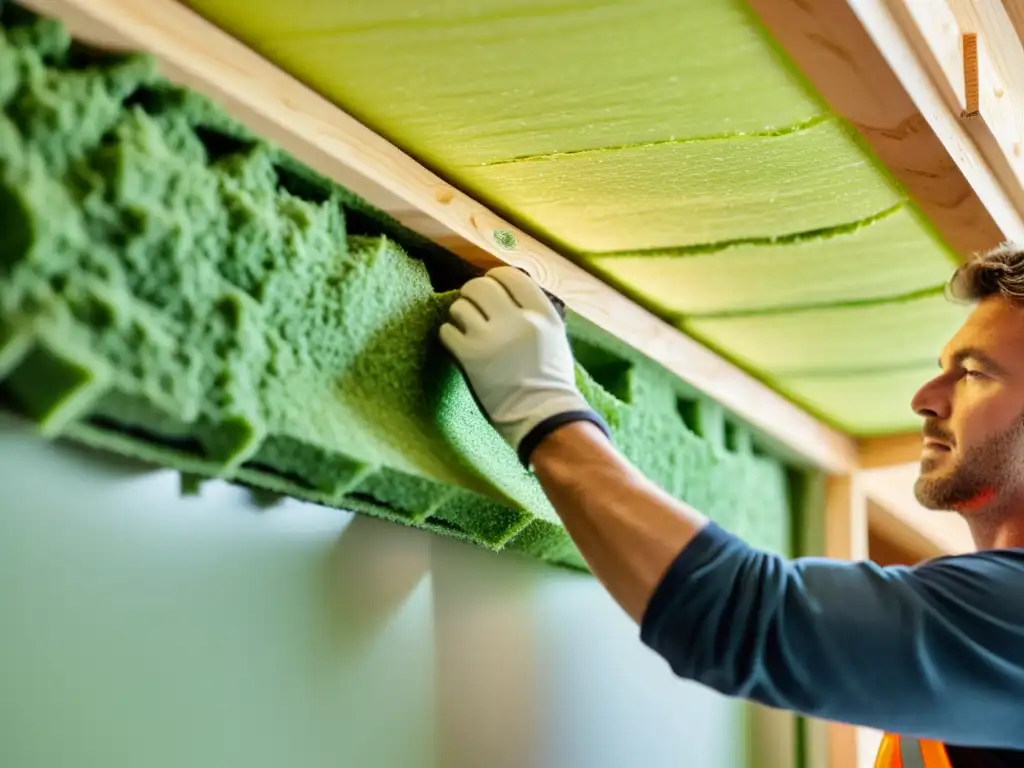 Un trabajador instala material aislante mineral en una casa moderna, destacando su innovación y sostenibilidad