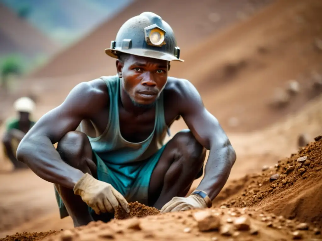 Trabajador minero en condiciones difíciles extrayendo minerales de conflicto en electrónica en la República Democrática del Congo