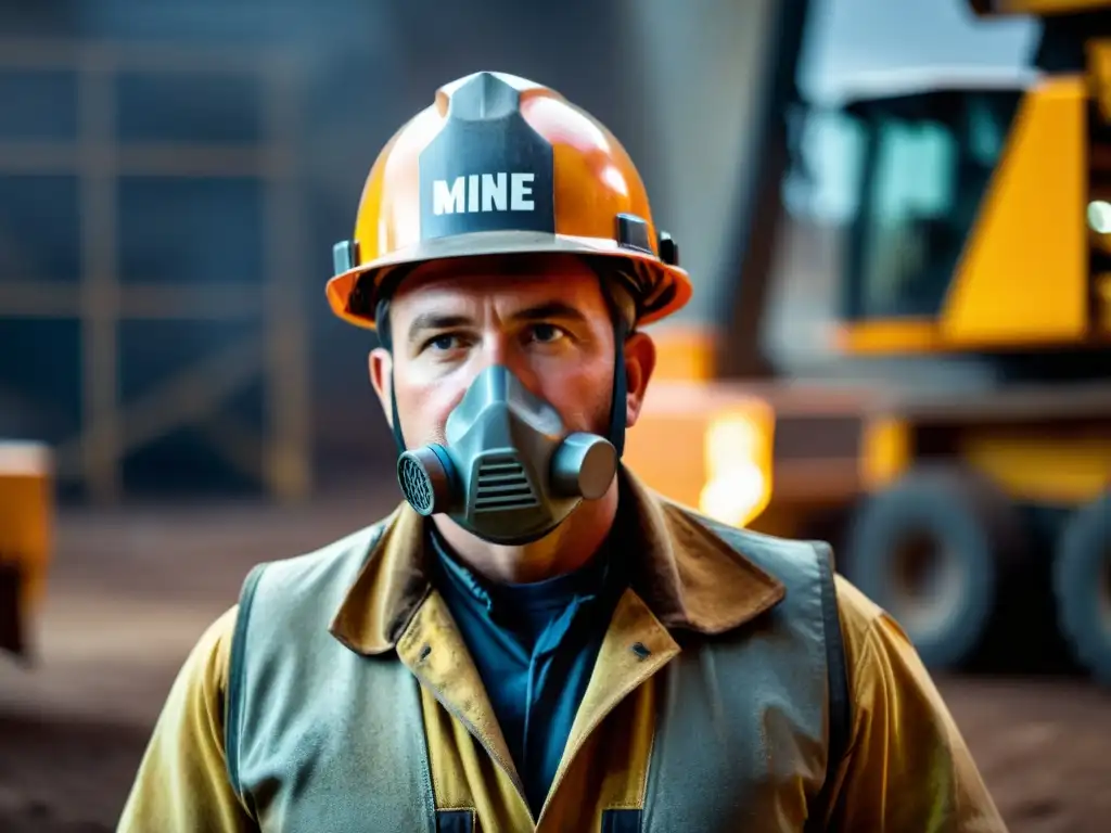 Trabajador minero en equipo de protección, manejando metales raros con seriedad, entre maquinaria pesada