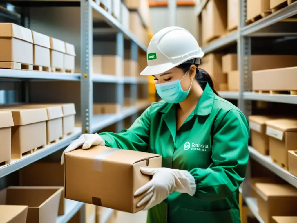 Trabajador en instalación de packaging sostenible, inspecciona y empaca materiales biodegradables en cajas ecológicas