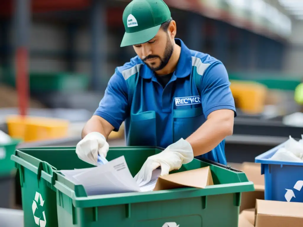 Un trabajador de planta de reciclaje separa con cuidado papel, plástico y vidrio, mostrando la dedicación en el manejo sostenible de residuos
