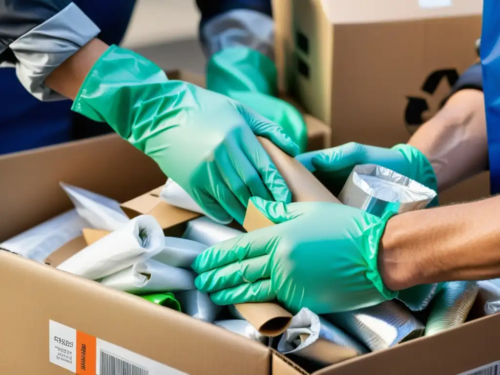 Un trabajador en una planta de reciclaje separa cuidadosamente materiales de embalaje, resaltando la importancia del packaging ecológico