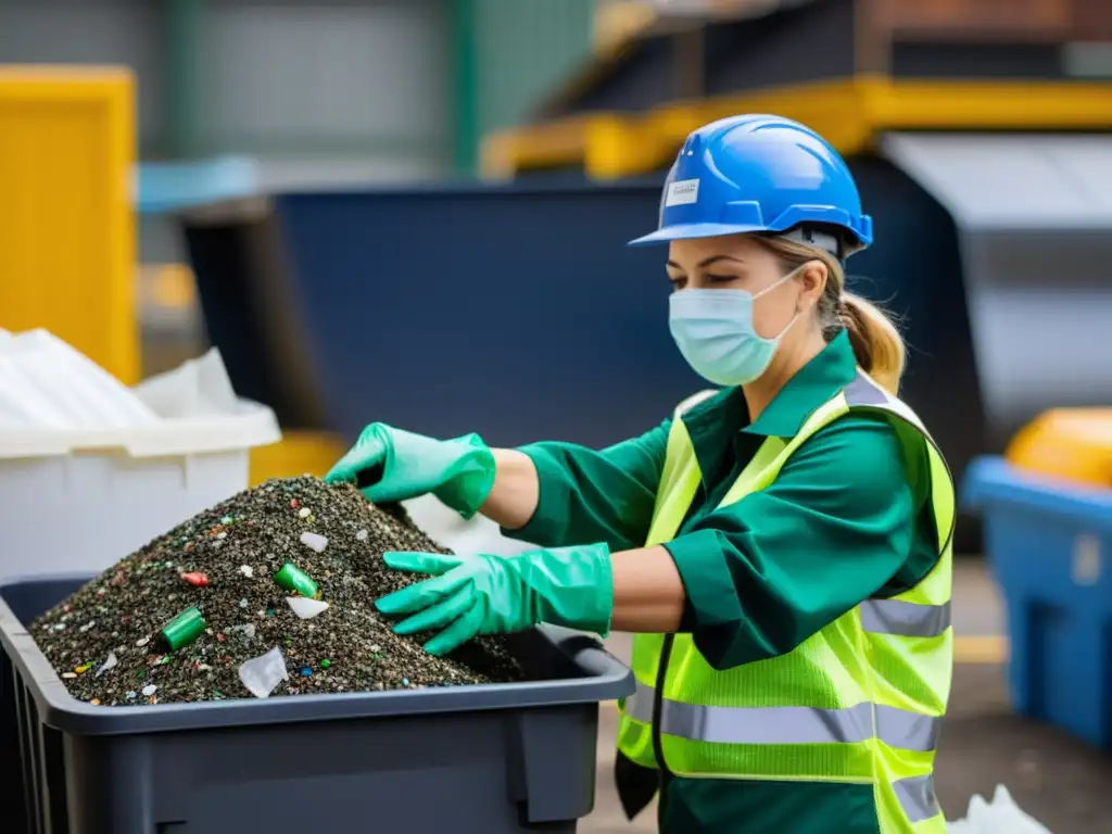 Profesional de gestión de residuos en acción Un trabajador de gestión profesional de desechos urbanos separa con precisión materiales reciclables en una planta de reciclaje de vanguardia