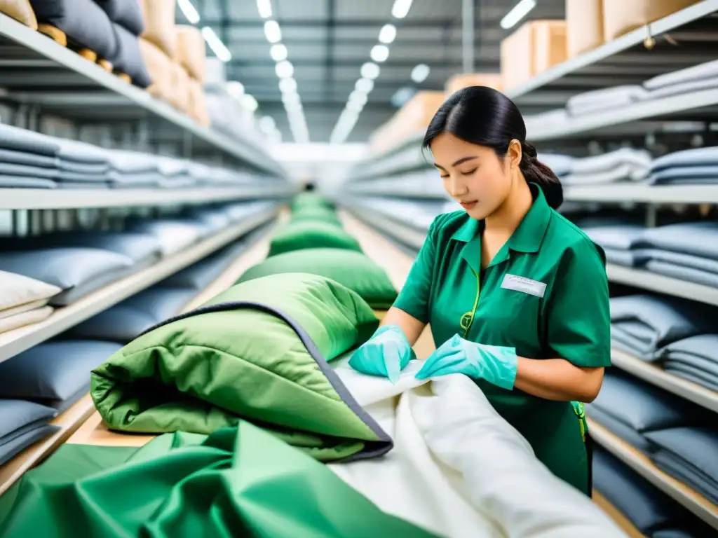 Trabajador inspeccionando detalladamente sacos de dormir ecoconscientes sostenibles en fábrica de manufactura