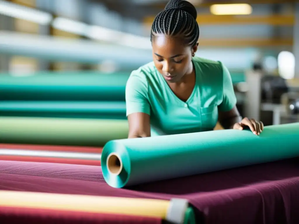 Un trabajador textil inspecciona detenidamente un rollo de tela ecológica en una fábrica soleada y bulliciosa, destacando el impacto positivo en la industria textil