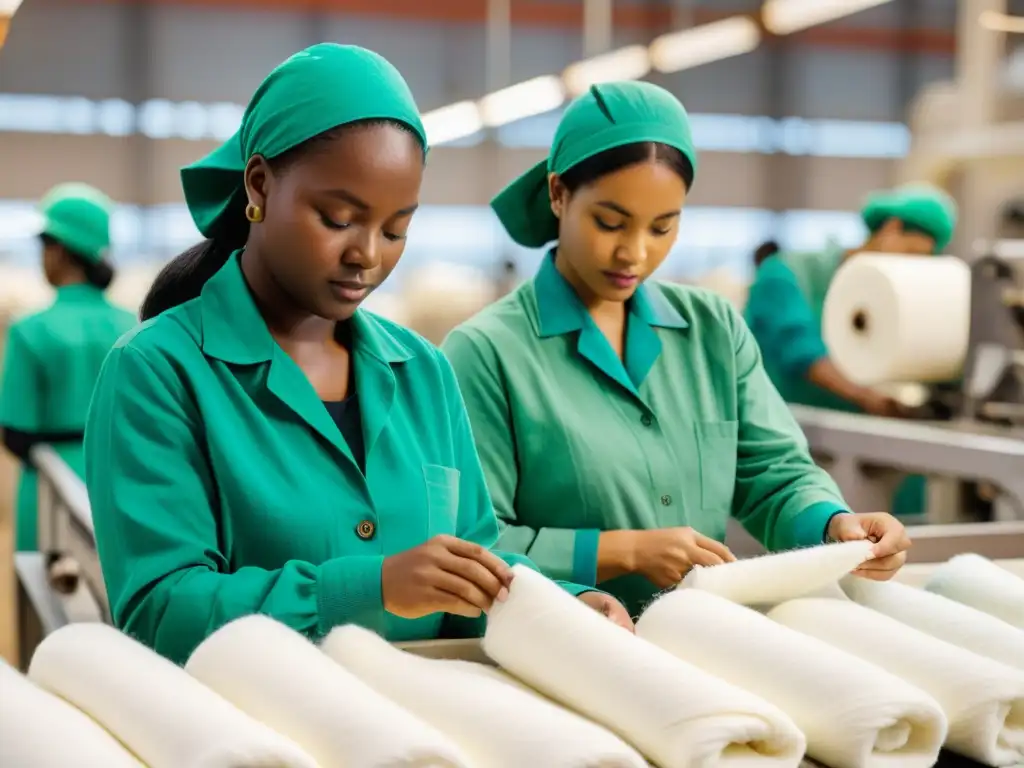 Trabajadores inspeccionando algodón orgánico en fábrica sostenible, resaltando la transformación sostenible industria textil