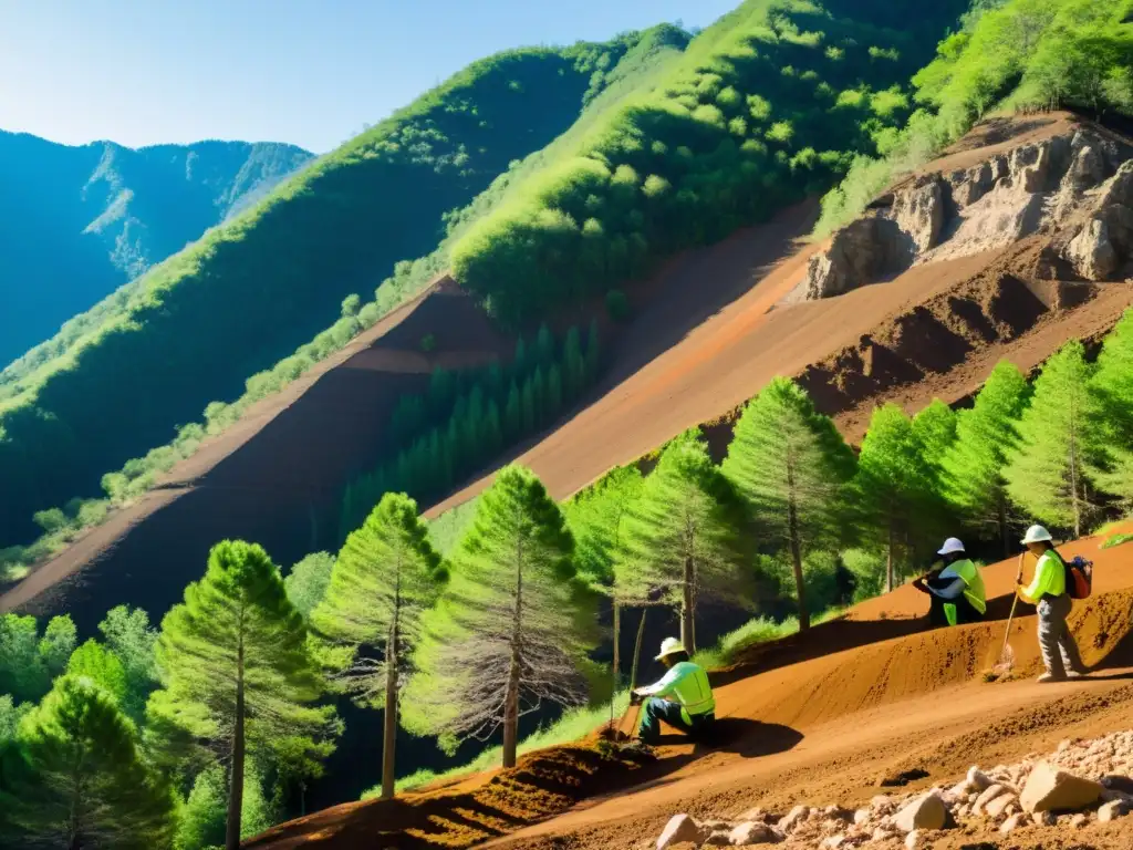 Trabajadores reforestando áreas montañosas erosionadas, creando esperanza y renovación ambiental