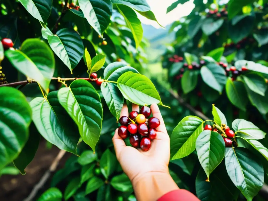 Trabajadores cosechando cerezas de café en una plantación vibrante y exuberante