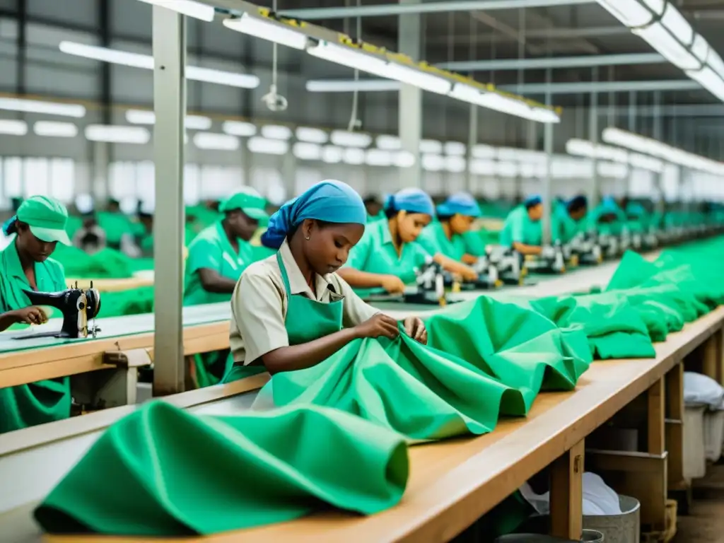 Trabajadores con equipo de protección fabricando productos sostenibles en una fábrica de moda global, entre maquinaria ecofriendly y luz natural