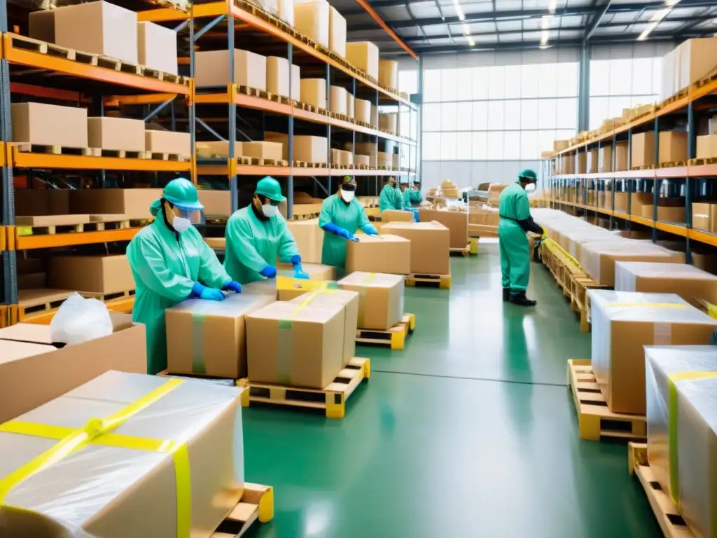 Trabajadores en una fábrica de empaques ecológicos, seleccionando y empaquetando productos rodeados de materiales biodegradables