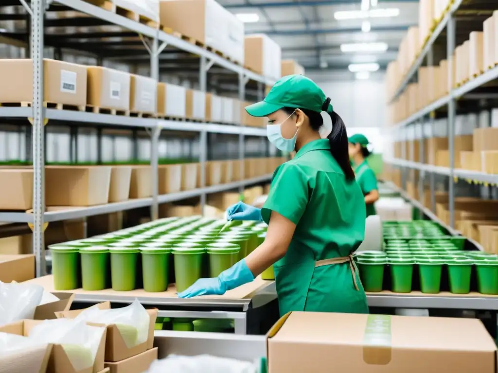 Trabajadores en fábrica de packaging ecológico, demostrando la importancia del packaging ecológico en la industria