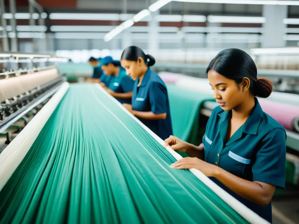 Trabajadores en fábrica de telas ecológicas inspeccionando tejidos de alta calidad, mostrando el impacto de la industria textil