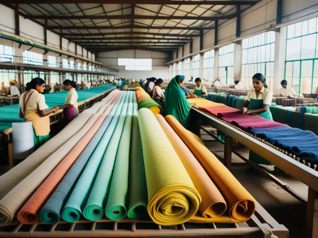 Trabajadores en fábrica textil de la India tiñendo telas con tintes naturales, en un ambiente luminoso y ventilado