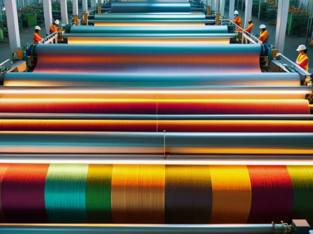 Trabajadores en fábrica textil sostenible, tejiendo telas con destreza y color, reflejando la transformación sostenible industria textil