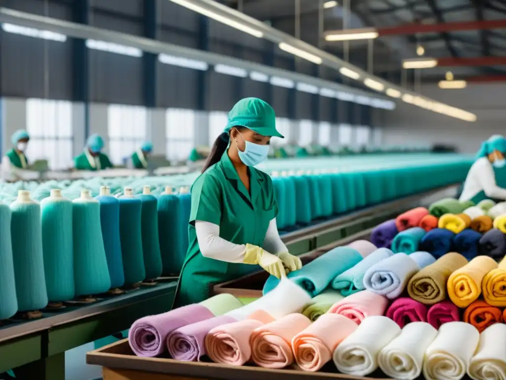 Trabajadores en fábrica textil, inspeccionando y clasificando tela de algodón orgánico para reducir impacto ambiental industria textil