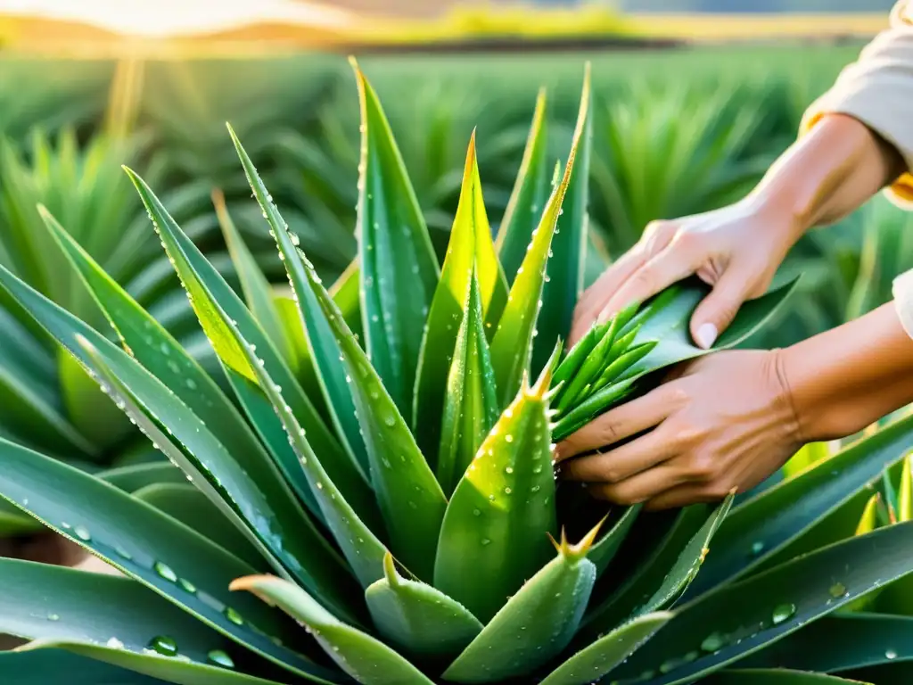 Trabajadores cosechando hojas de aloe vera en una granja sostenible, con un ambiente cálido y vibrante