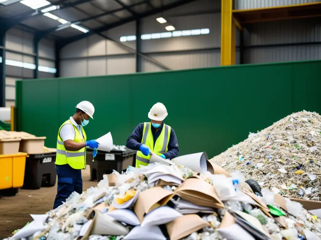 Trabajadores realizando el manejo sostenible de residuos en una planta de reciclaje, con atención meticulosa a los detalles