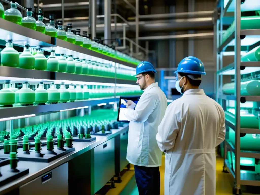 Trabajadores monitorean maquinaria en planta de bioplásticos, con ambiente innovador y tecnológico