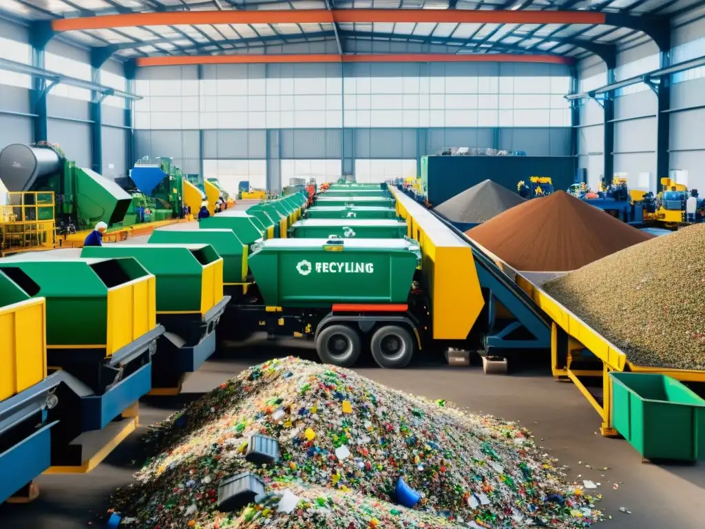 Trabajadores y maquinaria en una planta de reciclaje, demostrando la innovación y sostenibilidad de la economía circular