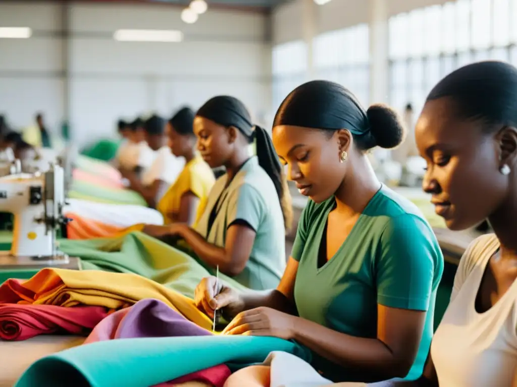 Trabajadores de marcas moda sostenible cuidado planeta creando prendas con tela colorida en fábrica luminosa y colaborativa