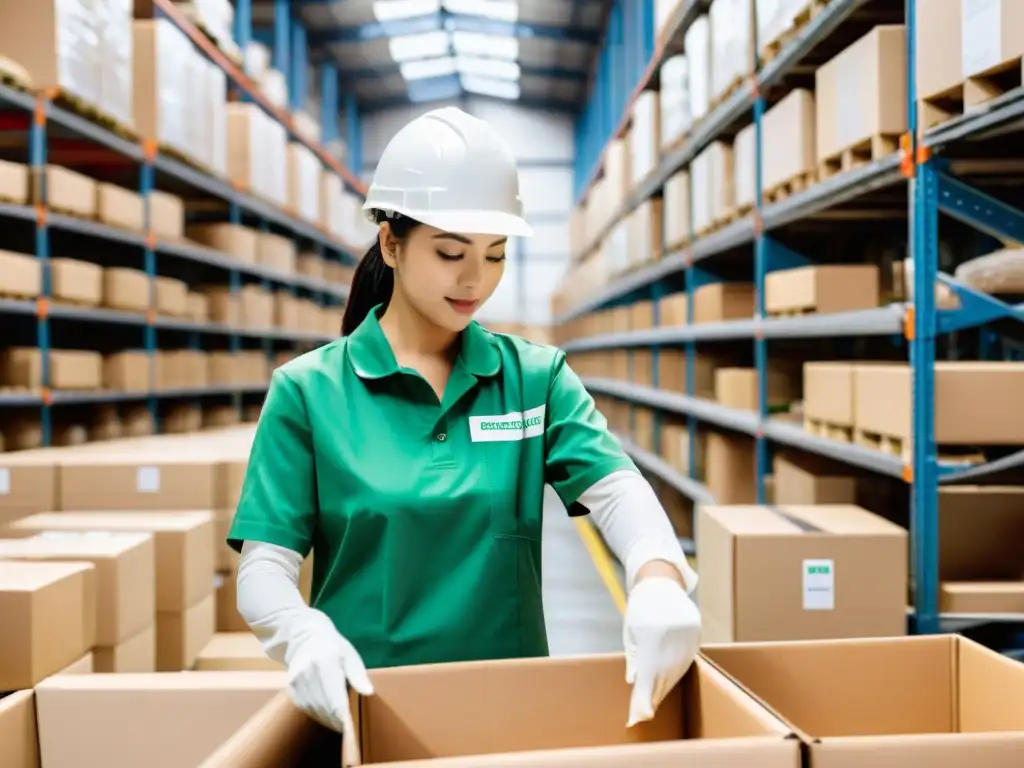 Trabajadores organizando materiales ecológicos en almacén, resaltando la importancia del packaging ecológico