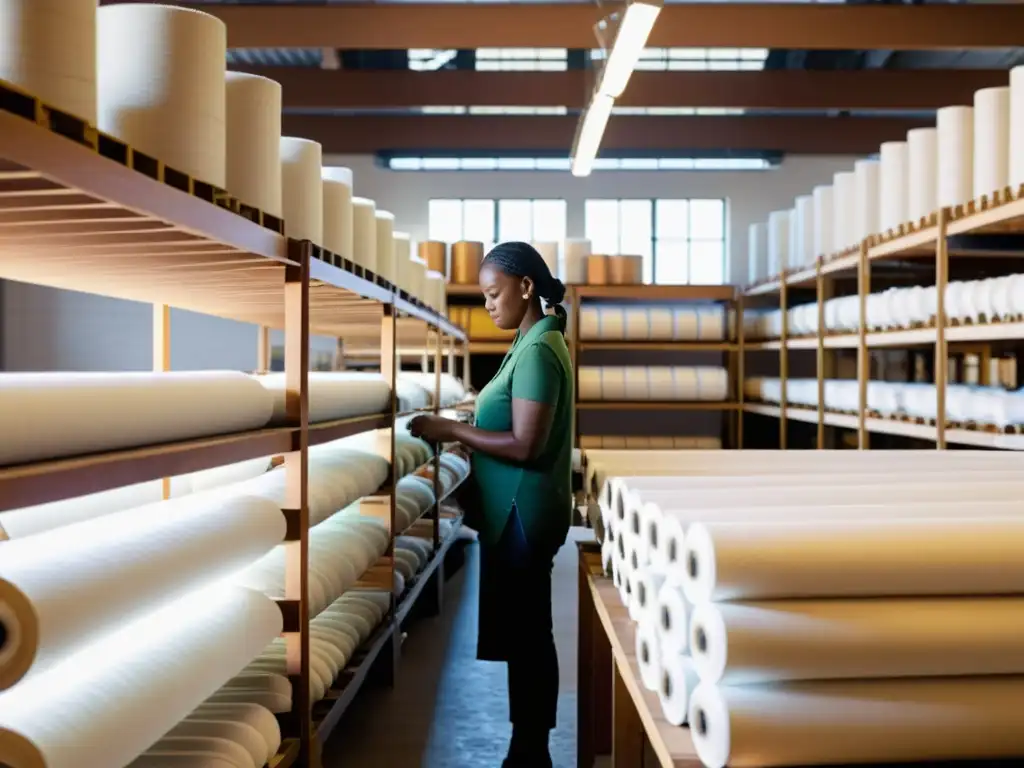 Trabajadores de moda sostenible inspeccionando y cosiendo tela de algodón orgánico en un taller espacioso y soleado