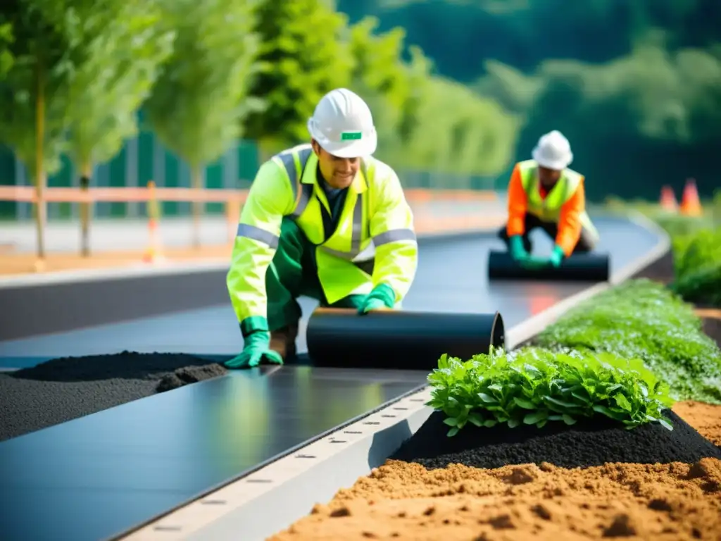 Trabajadores colocando pavimentos ecológicos para ecosistemas sostenibles, con enfoque en precisión y naturaleza vibrante