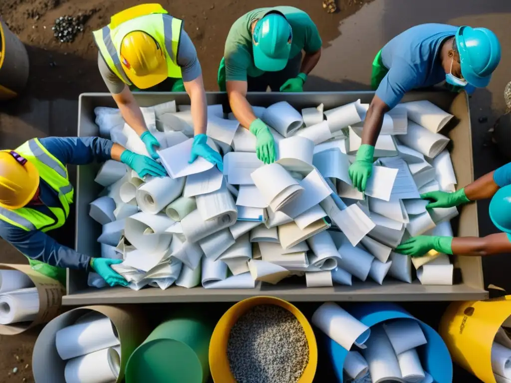 Equipo diverso en planta de reciclaje promueve sostenibilidad Trabajadores en planta de reciclaje, destacando la importancia de la economía circular en ecosistemas