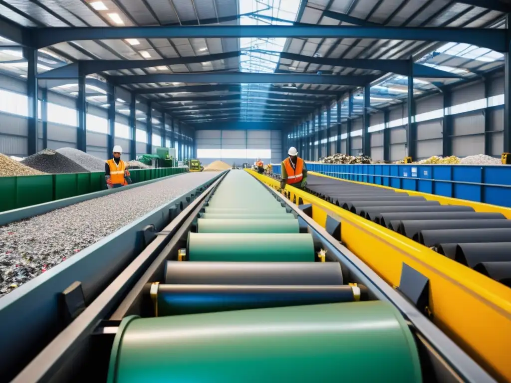Trabajadores en planta de reciclaje con manejo sostenible de residuos: clasificando materiales y comprimiéndolos en máquinas industriales