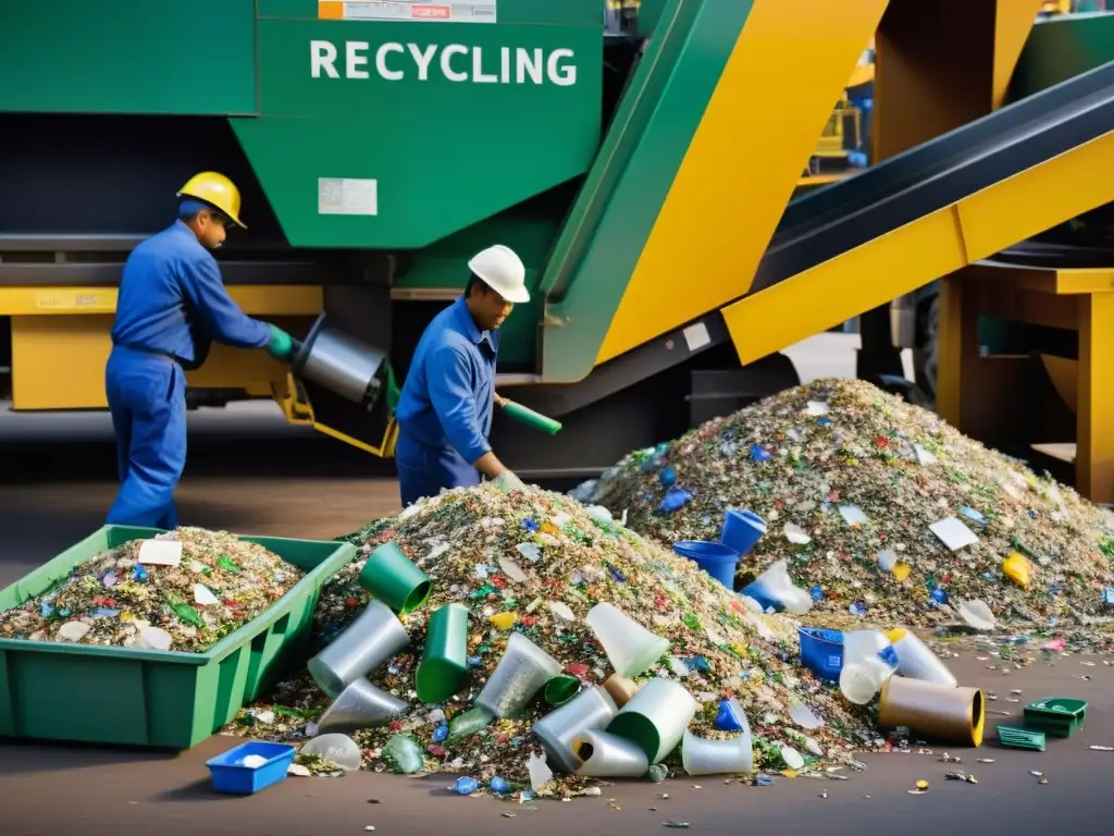 Trabajadores en planta de reciclaje, clasificando materiales