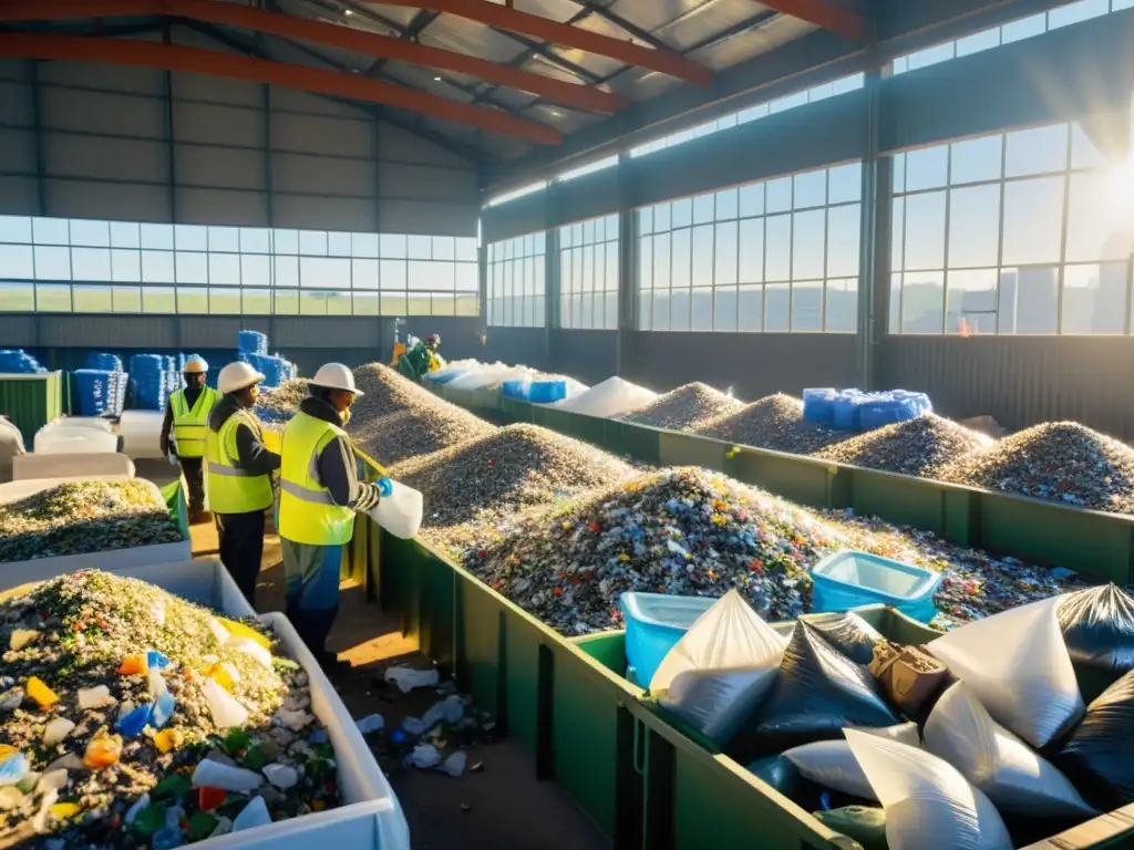 Trabajadores en planta de reciclaje separan materiales para crear productos elaborados materiales reciclados