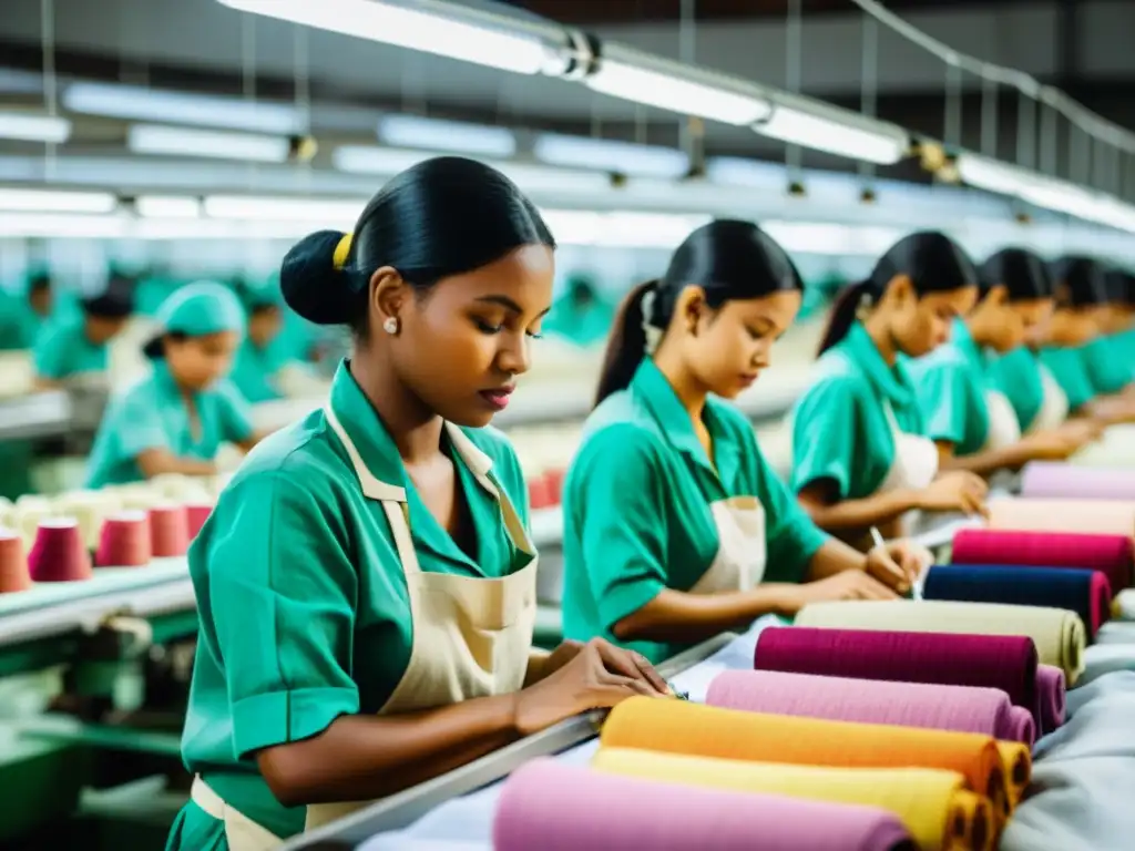 Trabajadores confeccionando productos sostenibles en la moda global, rodeados de telas y tintes ecológicos, en una fábrica iluminada y moderna