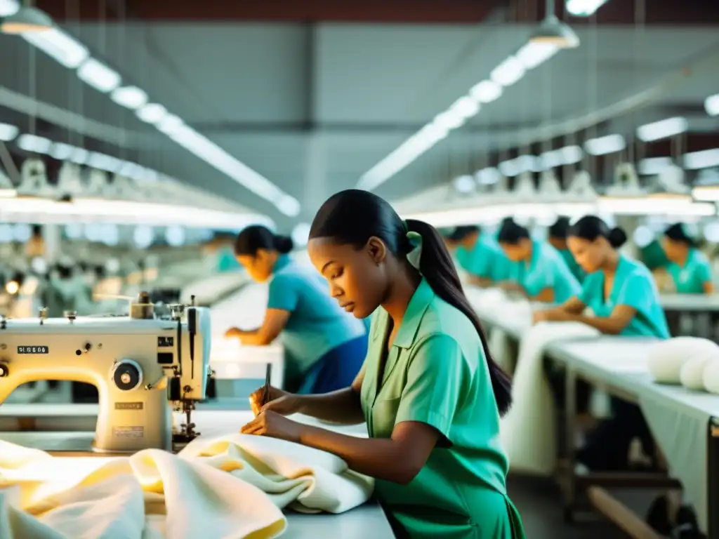 Trabajadores confeccionando productos sostenibles en la moda global en una fábrica con iluminación natural