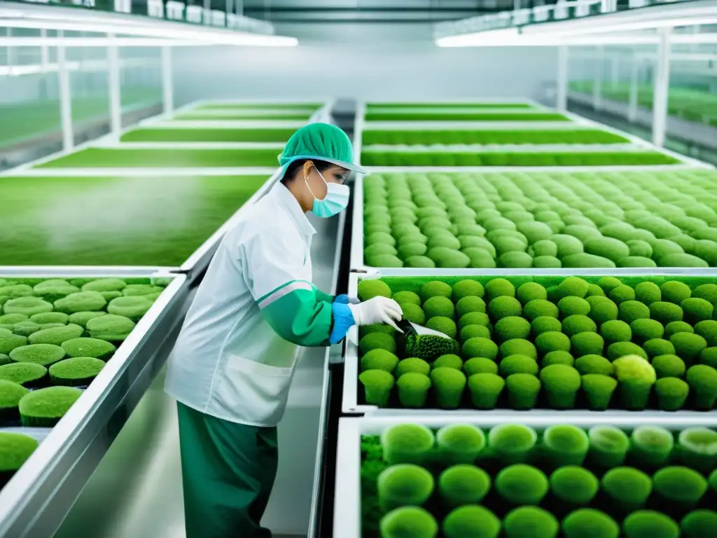 Trabajadores en instalación textil sostenible cuidando algas y hongos para moda ecofriendly